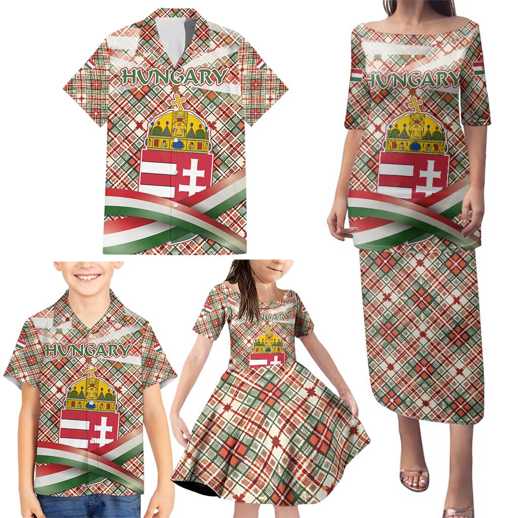 Hungary Christmas Family Matching Puletasi and Hawaiian Shirt with Red Green Plaid Pattern Crown and Double Cross Motif - Wonder Print Shop