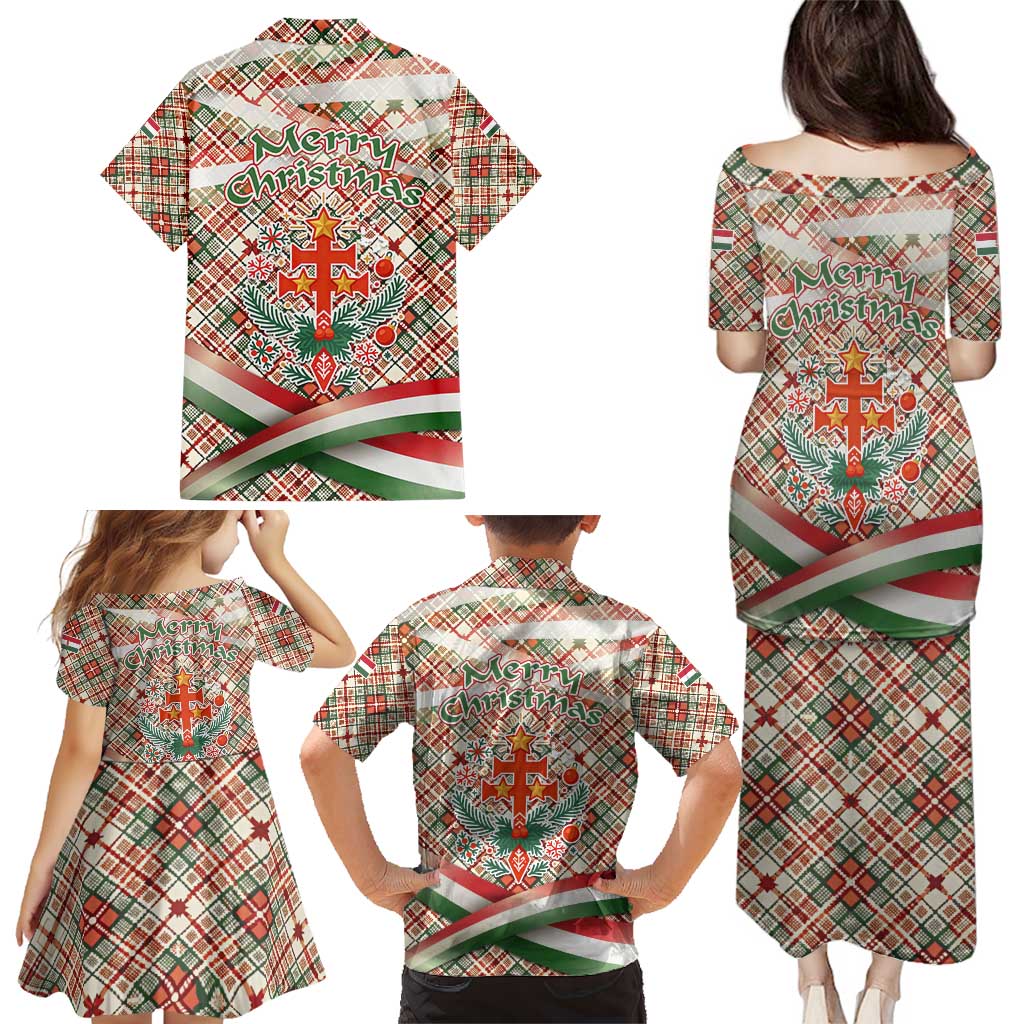 Hungary Christmas Family Matching Puletasi and Hawaiian Shirt with Red Green Plaid Pattern Crown and Double Cross Motif - Wonder Print Shop