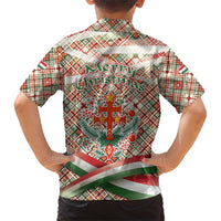 Hungary Christmas Family Matching Short Sleeve Bodycon Dress and Hawaiian Shirt with Red Green Plaid Pattern Crown and Double Cross Motif - Wonder Print Shop