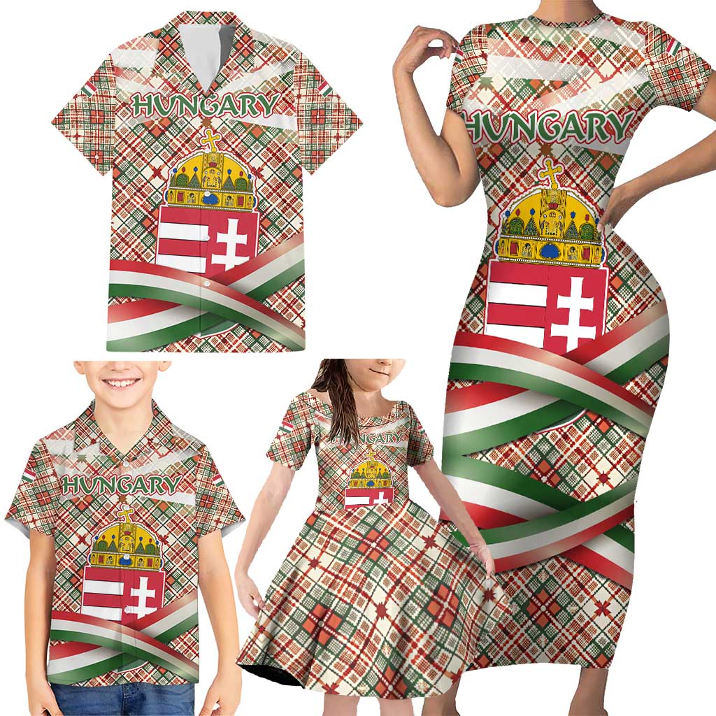 Hungary Christmas Family Matching Short Sleeve Bodycon Dress and Hawaiian Shirt with Red Green Plaid Pattern Crown and Double Cross Motif - Wonder Print Shop
