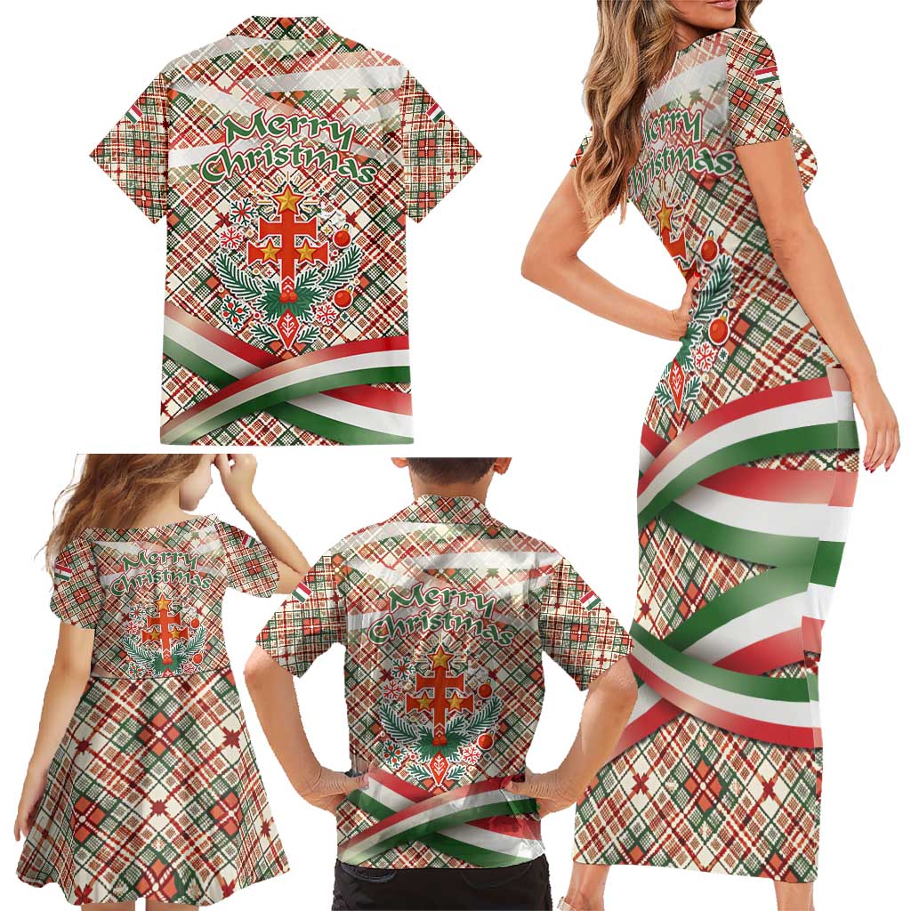 Hungary Christmas Family Matching Short Sleeve Bodycon Dress and Hawaiian Shirt with Red Green Plaid Pattern Crown and Double Cross Motif - Wonder Print Shop