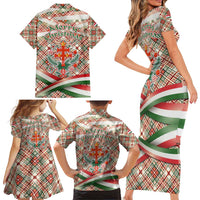 Hungary Christmas Family Matching Short Sleeve Bodycon Dress and Hawaiian Shirt with Red Green Plaid Pattern Crown and Double Cross Motif - Wonder Print Shop