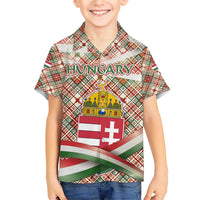 Hungary Christmas Family Matching Short Sleeve Bodycon Dress and Hawaiian Shirt with Red Green Plaid Pattern Crown and Double Cross Motif - Wonder Print Shop