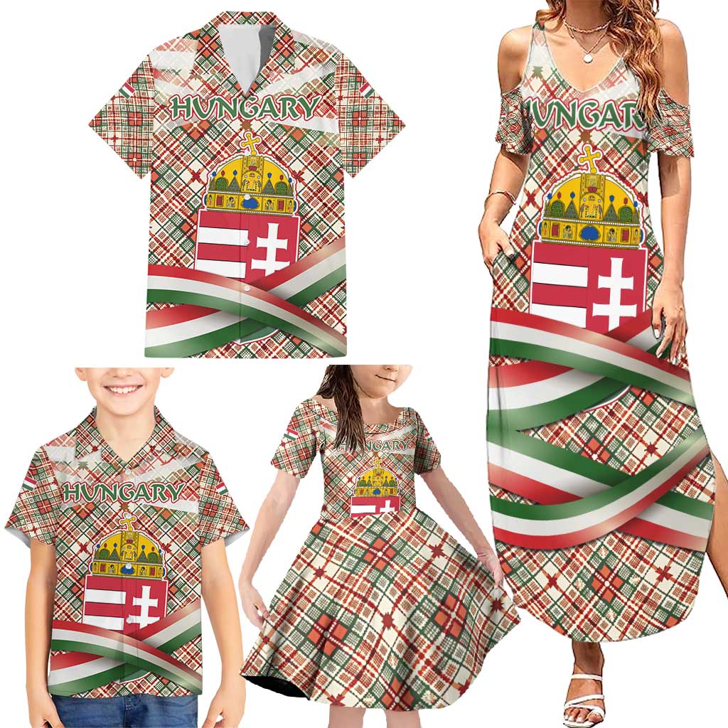 Hungary Christmas Family Matching Summer Maxi Dress and Hawaiian Shirt with Red Green Plaid Pattern Crown and Double Cross Motif - Wonder Print Shop