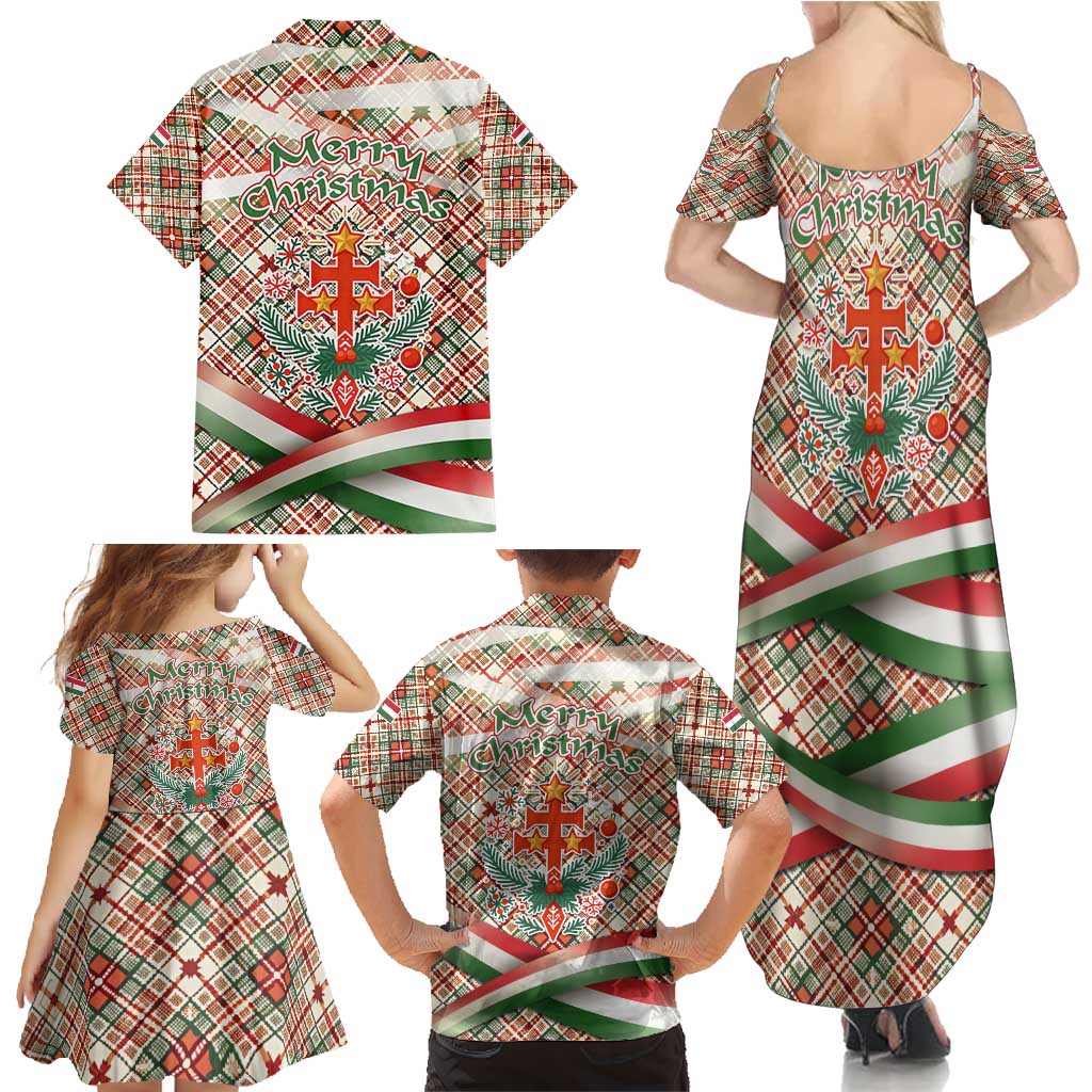Hungary Christmas Family Matching Summer Maxi Dress and Hawaiian Shirt with Red Green Plaid Pattern Crown and Double Cross Motif - Wonder Print Shop