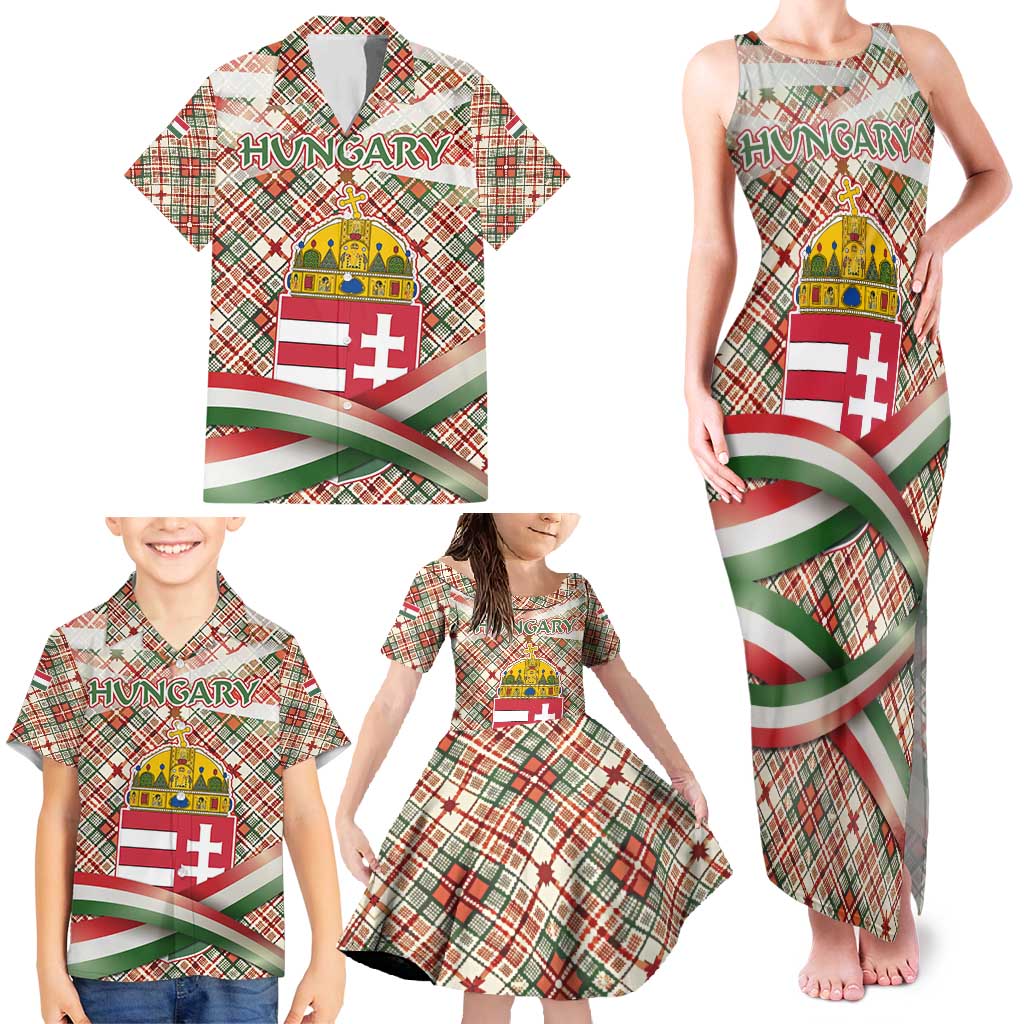 Hungary Christmas Family Matching Tank Maxi Dress and Hawaiian Shirt with Red Green Plaid Pattern Crown and Double Cross Motif - Wonder Print Shop