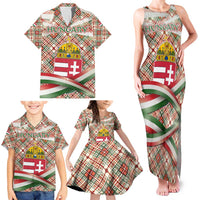 Hungary Christmas Family Matching Tank Maxi Dress and Hawaiian Shirt with Red Green Plaid Pattern Crown and Double Cross Motif - Wonder Print Shop