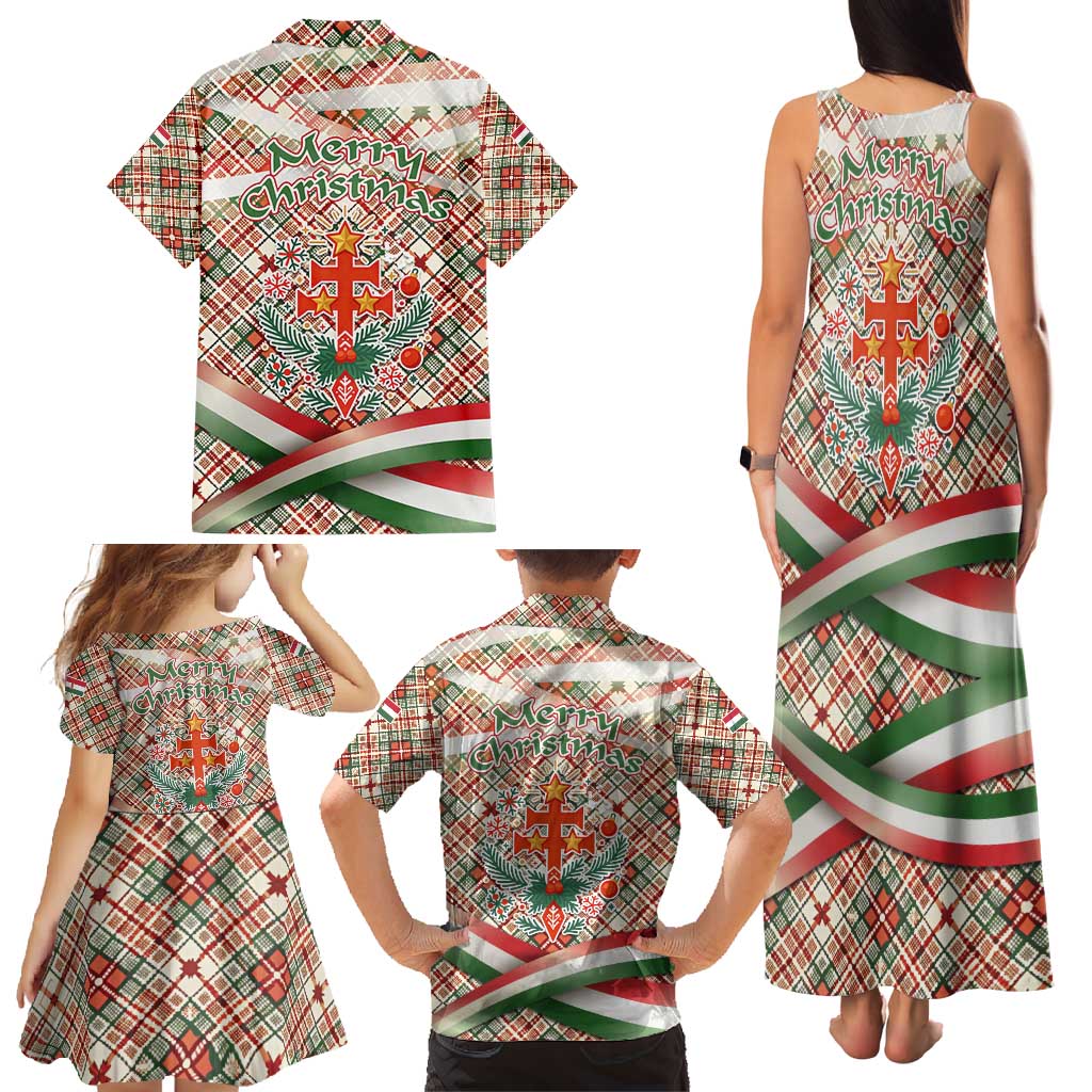 Hungary Christmas Family Matching Tank Maxi Dress and Hawaiian Shirt with Red Green Plaid Pattern Crown and Double Cross Motif - Wonder Print Shop