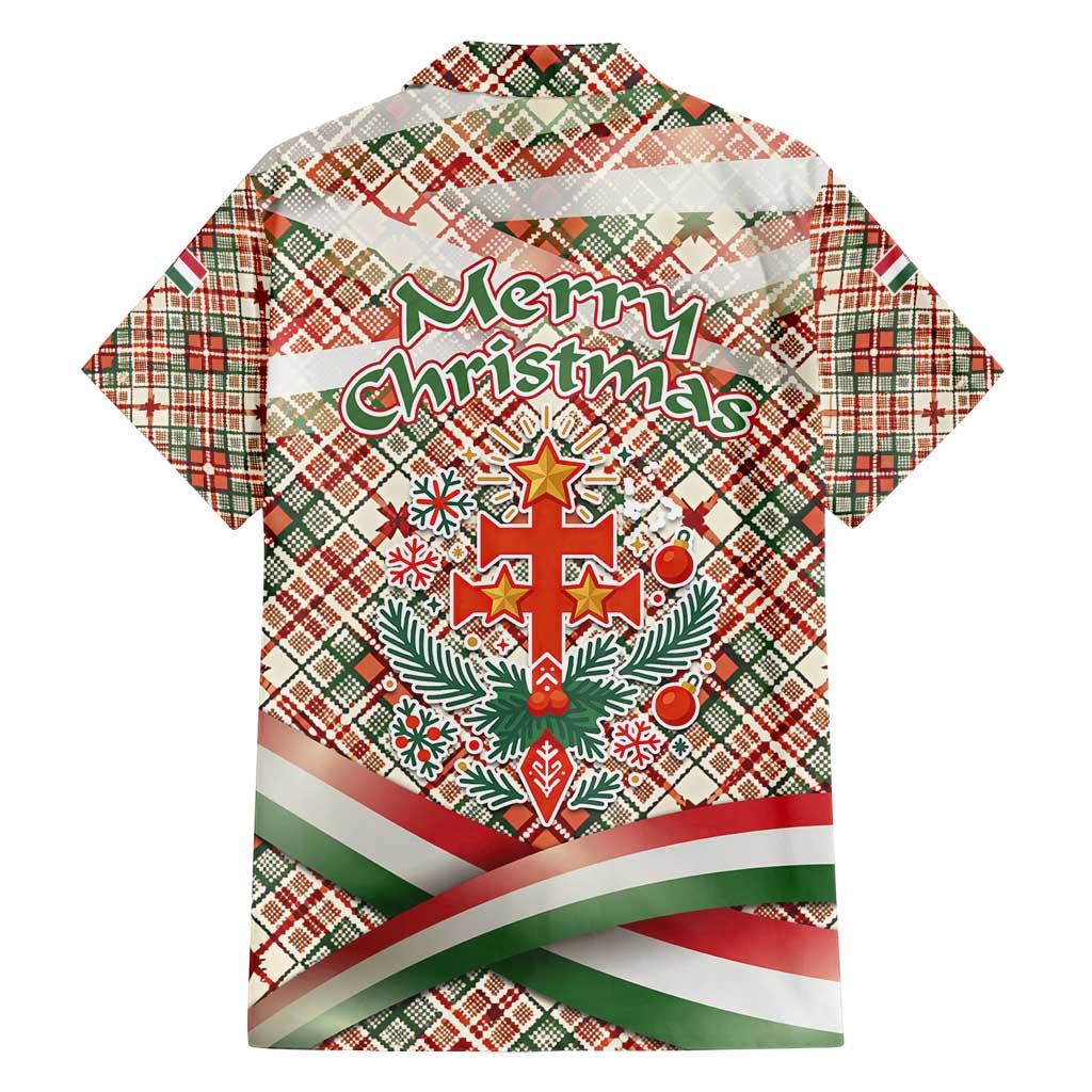Hungary Christmas Family Matching Tank Maxi Dress and Hawaiian Shirt with Red Green Plaid Pattern Crown and Double Cross Motif - Wonder Print Shop