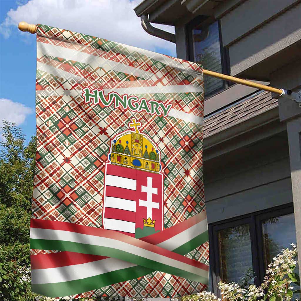 Hungary Christmas Garden Flag with Red Green Plaid Pattern Crown and Double Cross Motif - Wonder Print Shop