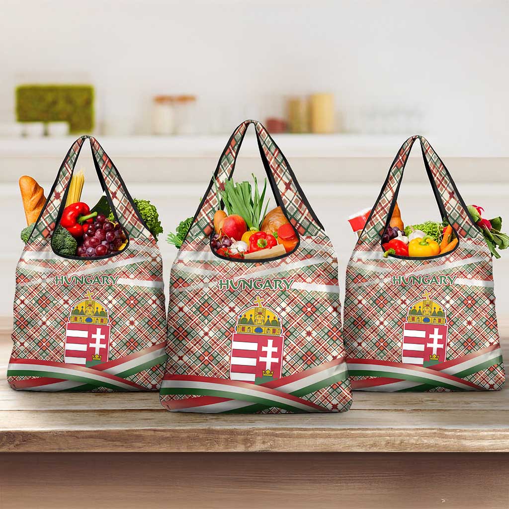 Hungary Christmas Grocery Bag with Red Green Plaid Pattern Crown and Double Cross Motif - Wonder Print Shop