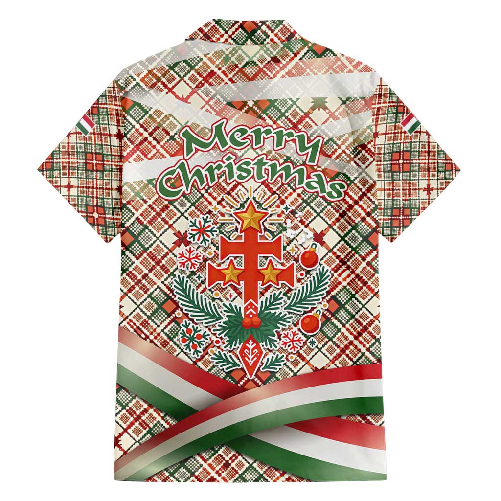 Hungary Christmas Hawaiian Shirt with Red Green Plaid Pattern Crown and Double Cross Motif - Wonder Print Shop