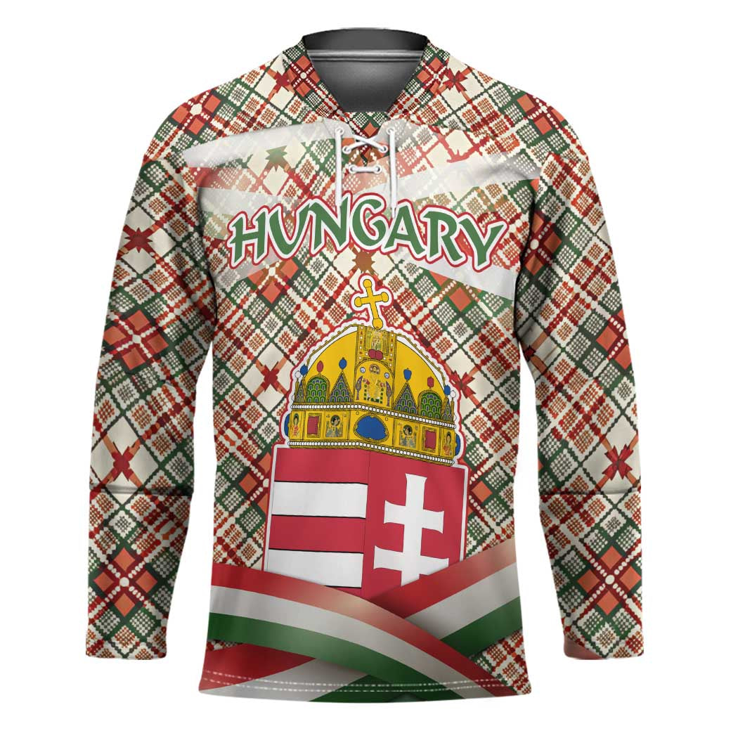 Hungary Christmas Hockey Jersey with Red Green Plaid Pattern Crown and Double Cross Motif - Wonder Print Shop