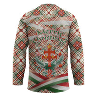Hungary Christmas Hockey Jersey with Red Green Plaid Pattern Crown and Double Cross Motif - Wonder Print Shop