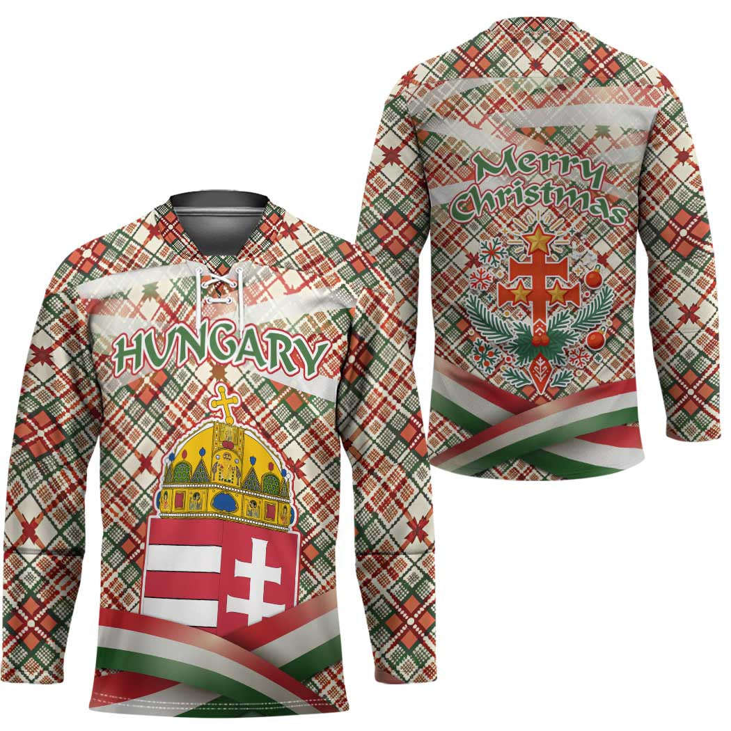 Hungary Christmas Hockey Jersey with Red Green Plaid Pattern Crown and Double Cross Motif - Wonder Print Shop