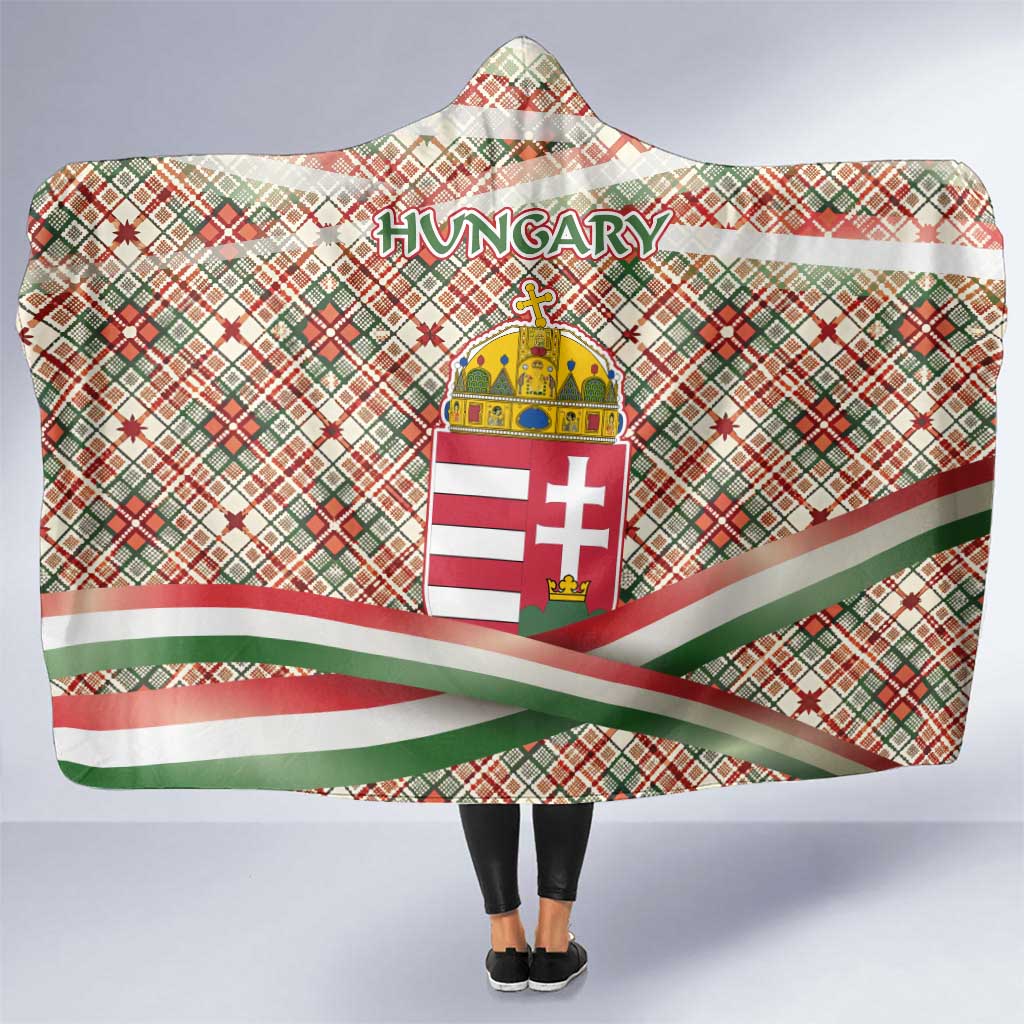 Hungary Christmas Hooded Blanket with Red Green Plaid Pattern Crown and Double Cross Motif - Wonder Print Shop
