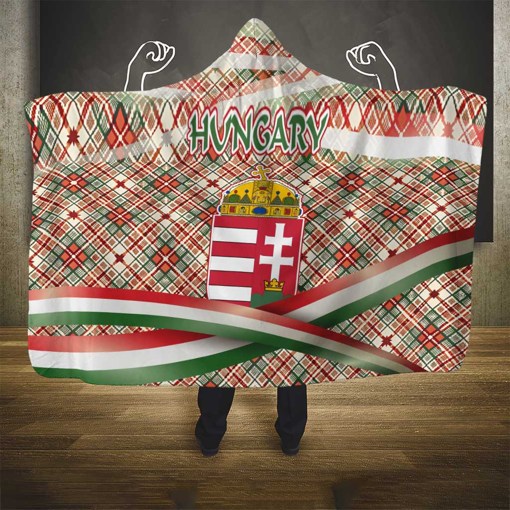 Hungary Christmas Hooded Blanket with Red Green Plaid Pattern Crown and Double Cross Motif - Wonder Print Shop