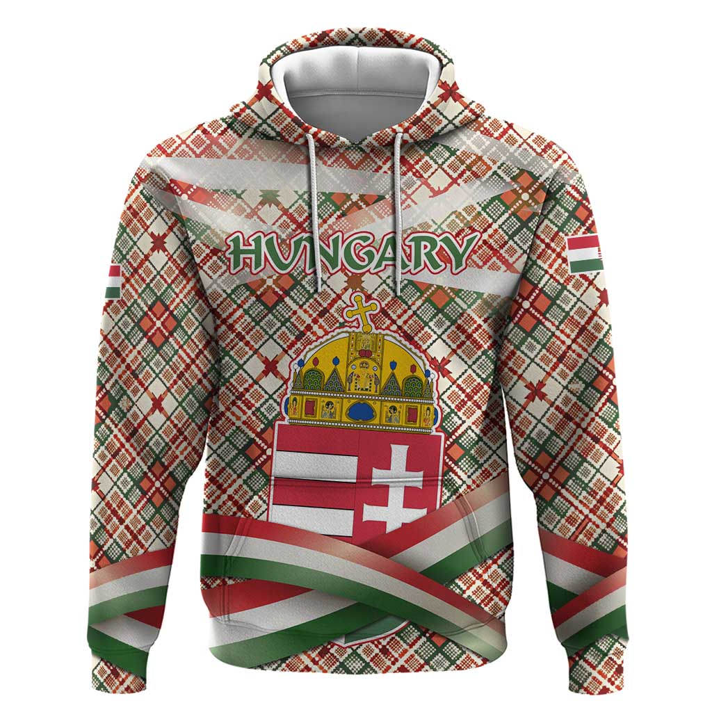 Hungary Christmas Hoodie with Red Green Plaid Pattern Crown and Double Cross Motif - Wonder Print Shop