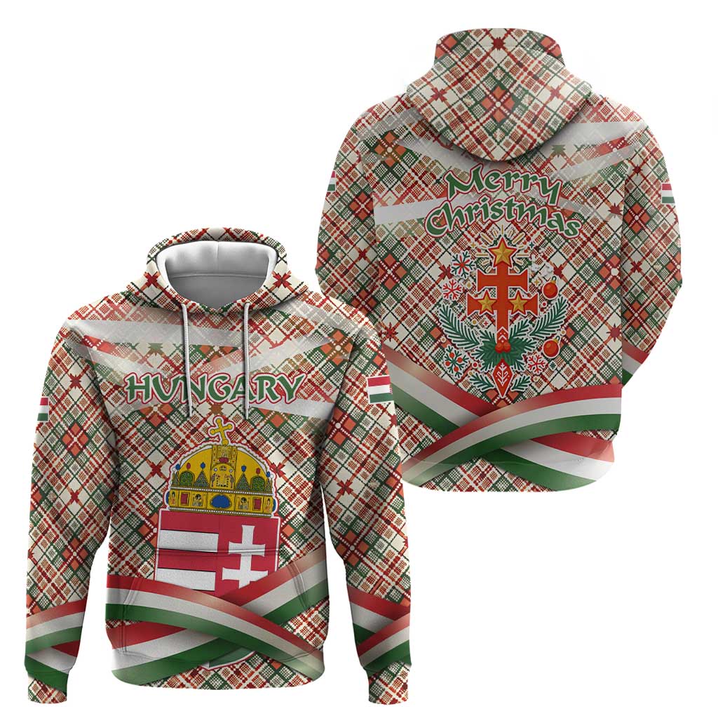 Hungary Christmas Hoodie with Red Green Plaid Pattern Crown and Double Cross Motif - Wonder Print Shop