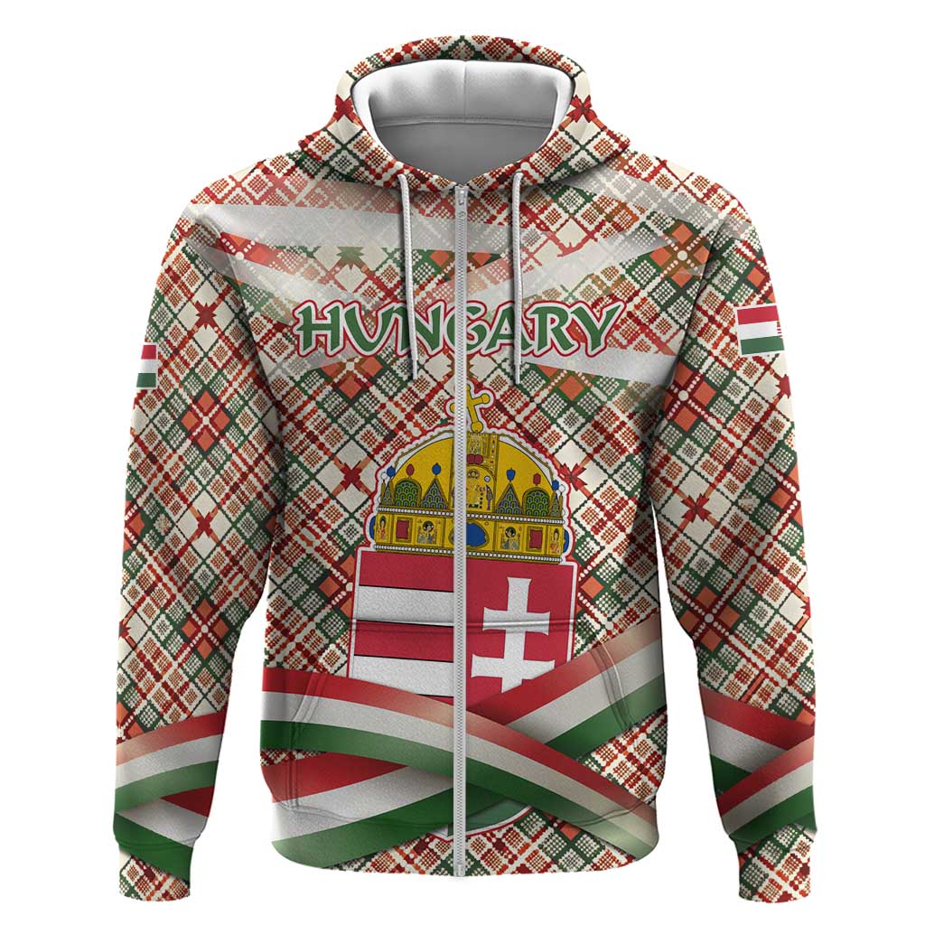 Hungary Christmas Hoodie with Red Green Plaid Pattern Crown and Double Cross Motif - Wonder Print Shop