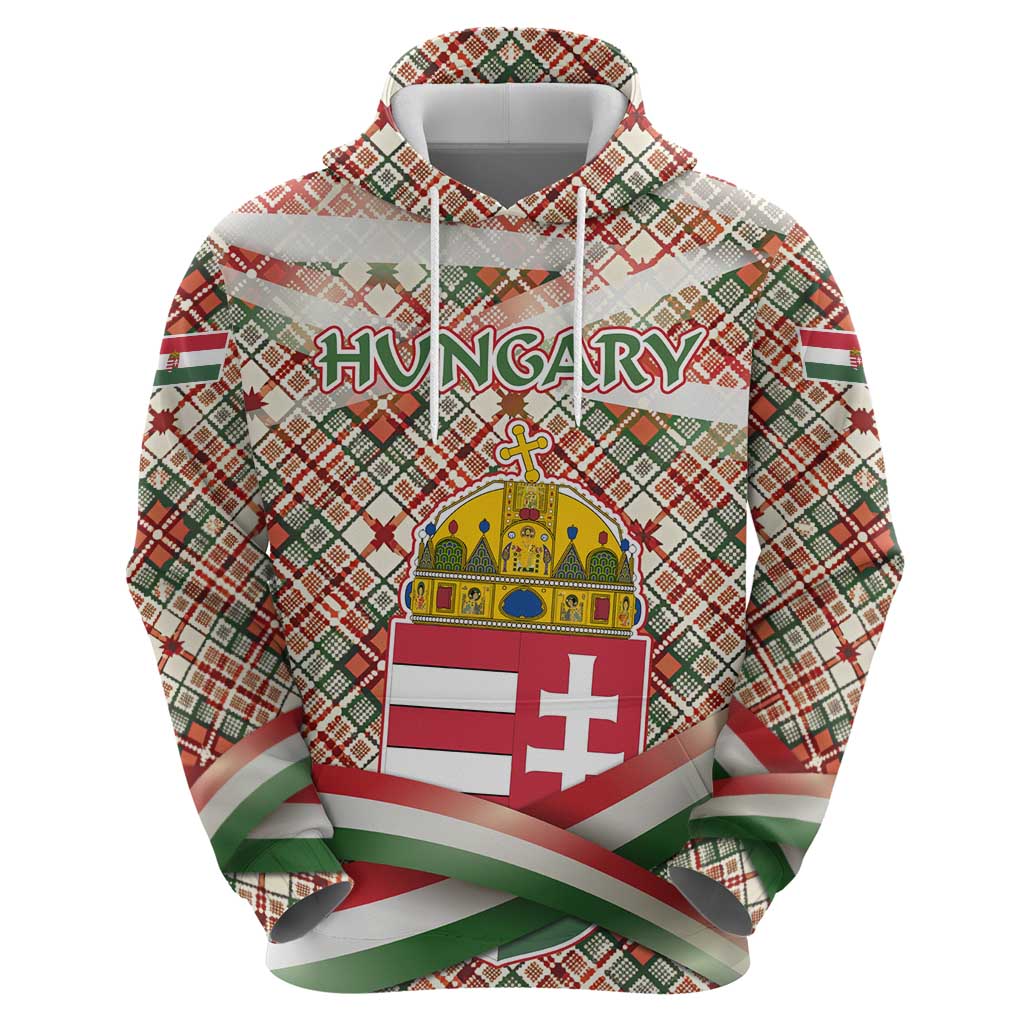 Hungary Christmas Hoodie with Red Green Plaid Pattern Crown and Double Cross Motif - Wonder Print Shop