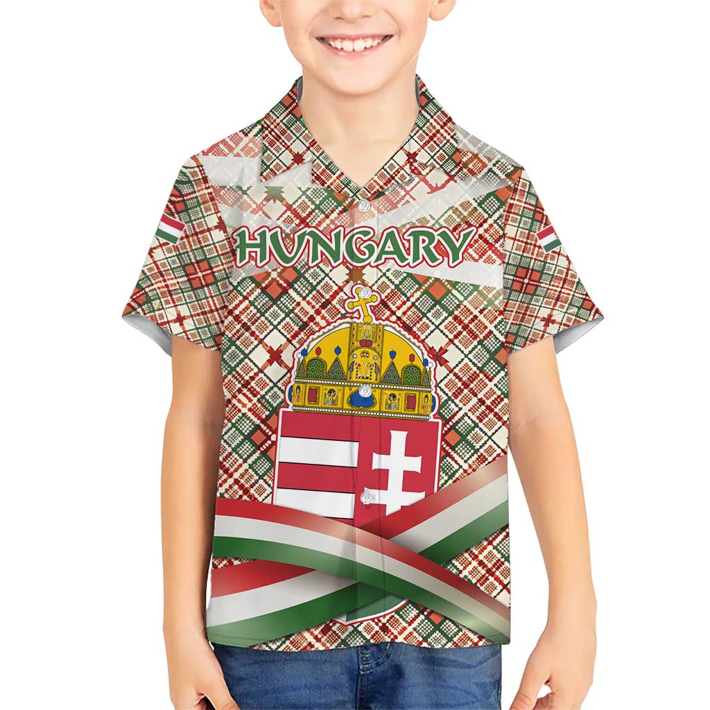 Hungary Christmas Kid Hawaiian Shirt with Red Green Plaid Pattern Crown and Double Cross Motif - Wonder Print Shop