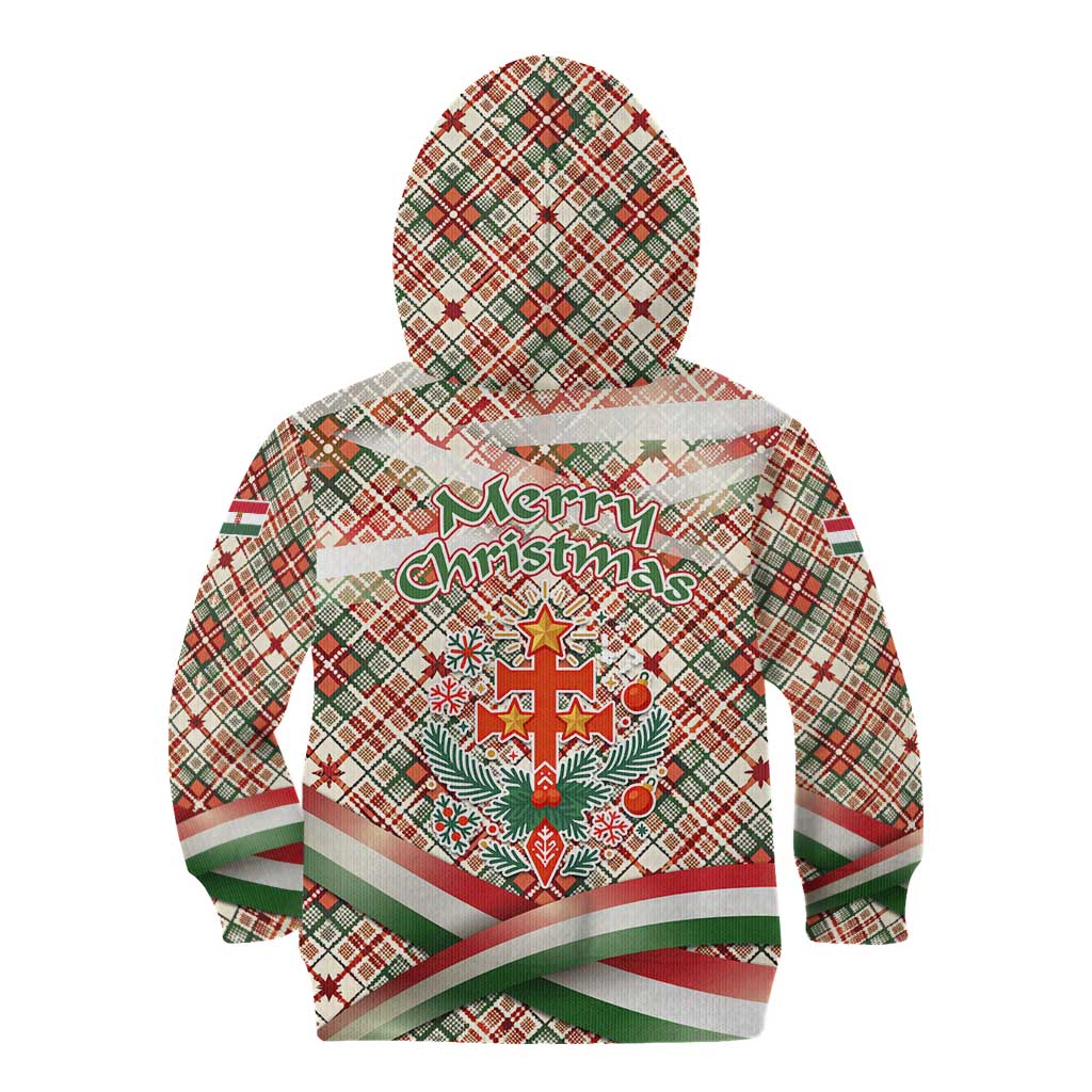 Hungary Christmas Kid Hoodie with Red Green Plaid Pattern Crown and Double Cross Motif - Wonder Print Shop