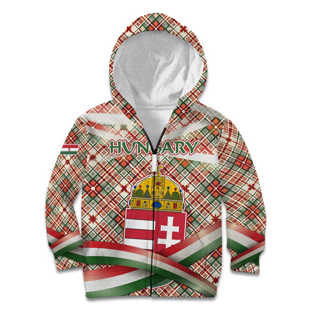 Hungary Christmas Kid Hoodie with Red Green Plaid Pattern Crown and Double Cross Motif - Wonder Print Shop