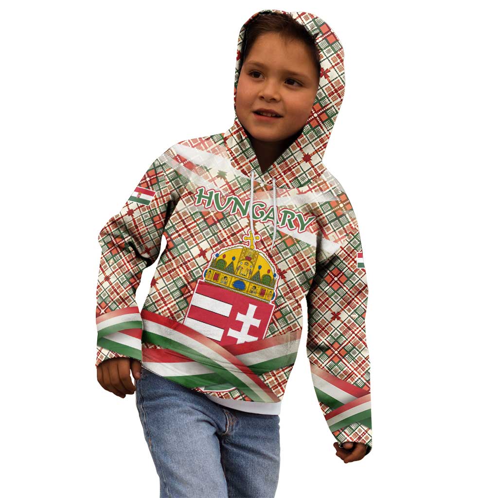 Hungary Christmas Kid Hoodie with Red Green Plaid Pattern Crown and Double Cross Motif - Wonder Print Shop