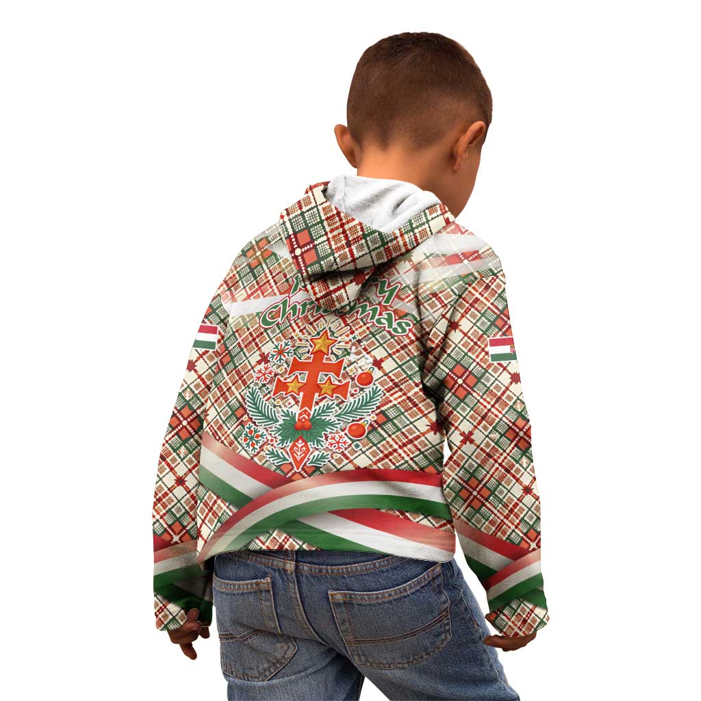 Hungary Christmas Kid Hoodie with Red Green Plaid Pattern Crown and Double Cross Motif - Wonder Print Shop