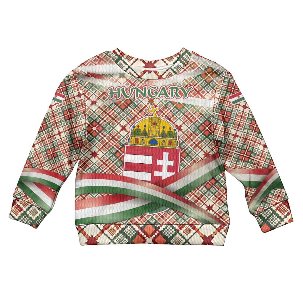 Hungary Christmas Kid Ugly Christmas Sweater with Red Green Plaid Pattern Crown and Double Cross Motif - Wonder Print Shop