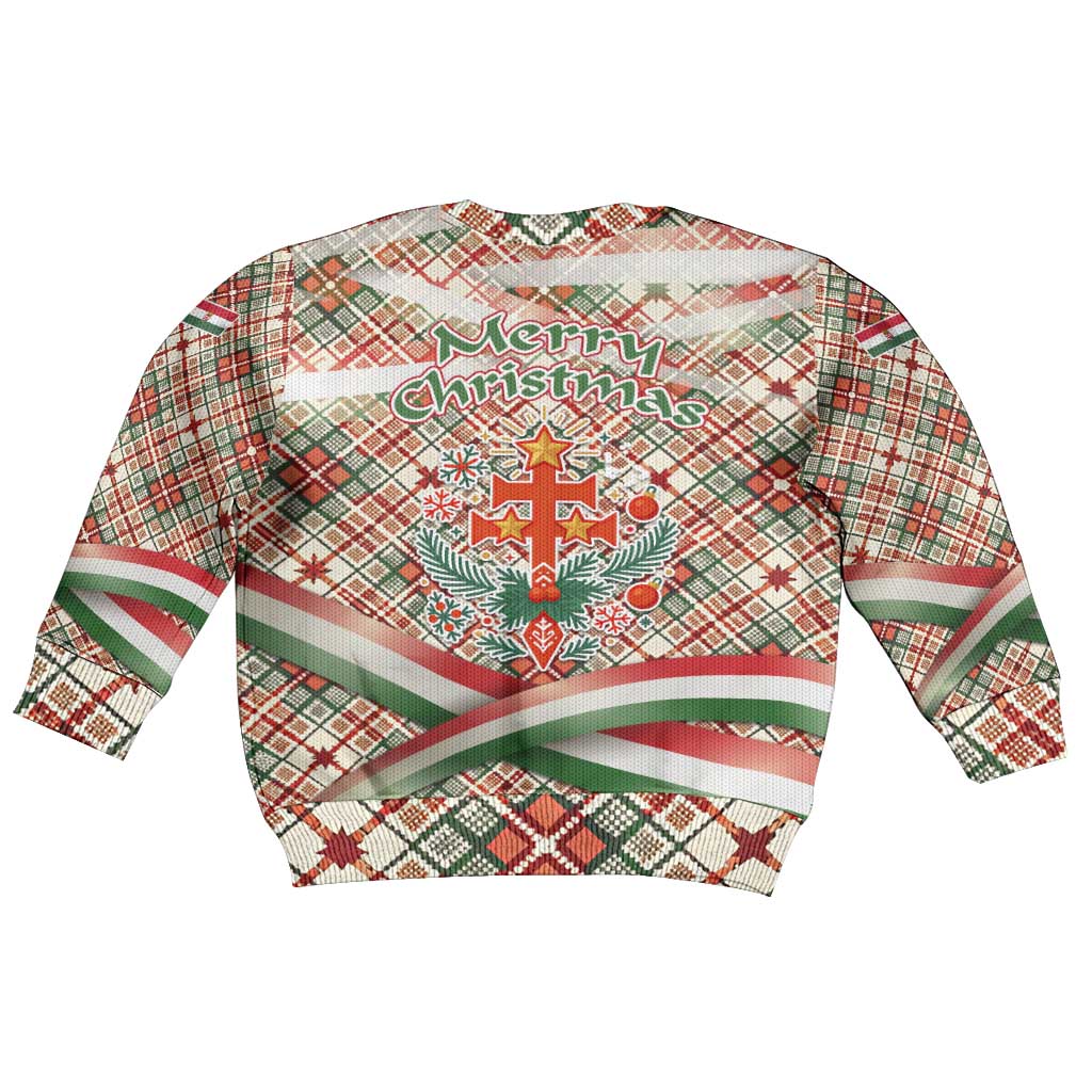 Hungary Christmas Kid Ugly Christmas Sweater with Red Green Plaid Pattern Crown and Double Cross Motif - Wonder Print Shop
