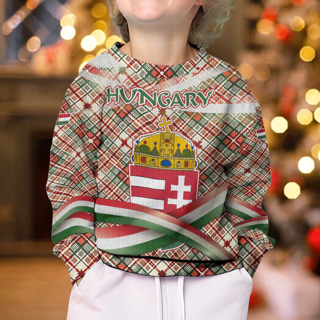 Hungary Christmas Kid Ugly Christmas Sweater with Red Green Plaid Pattern Crown and Double Cross Motif - Wonder Print Shop