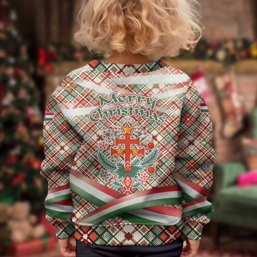 Hungary Christmas Kid Ugly Christmas Sweater with Red Green Plaid Pattern Crown and Double Cross Motif - Wonder Print Shop