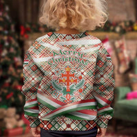 Hungary Christmas Kid Ugly Christmas Sweater with Red Green Plaid Pattern Crown and Double Cross Motif - Wonder Print Shop
