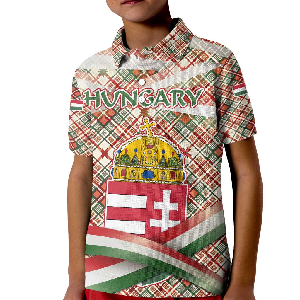 Hungary Christmas Kid Polo Shirt with Red Green Plaid Pattern Crown and Double Cross Motif - Wonder Print Shop