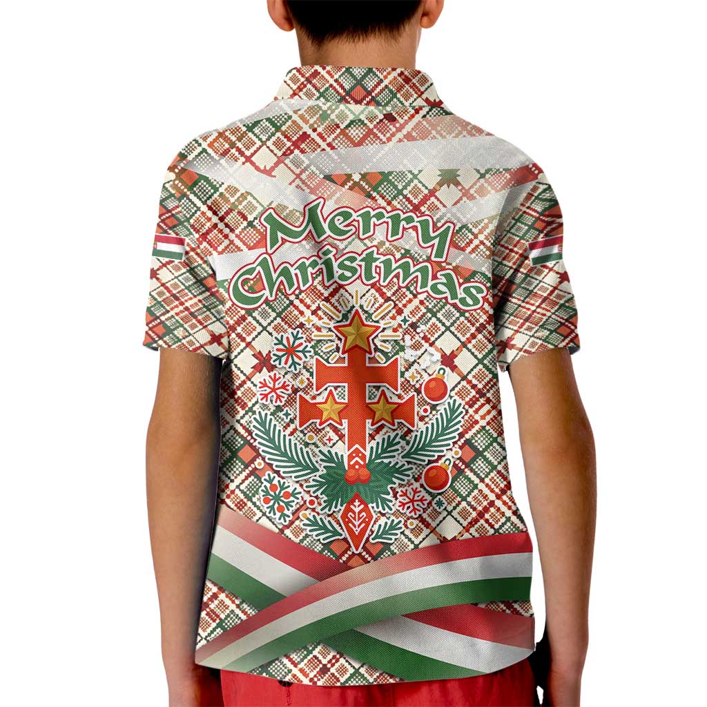 Hungary Christmas Kid Polo Shirt with Red Green Plaid Pattern Crown and Double Cross Motif - Wonder Print Shop