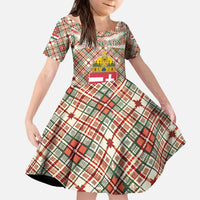 Hungary Christmas Kid Short Sleeve Dress with Red Green Plaid Pattern Crown and Double Cross Motif - Wonder Print Shop