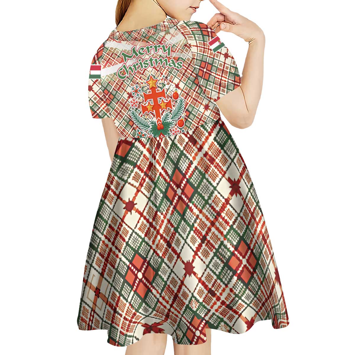 Hungary Christmas Kid Short Sleeve Dress with Red Green Plaid Pattern Crown and Double Cross Motif - Wonder Print Shop