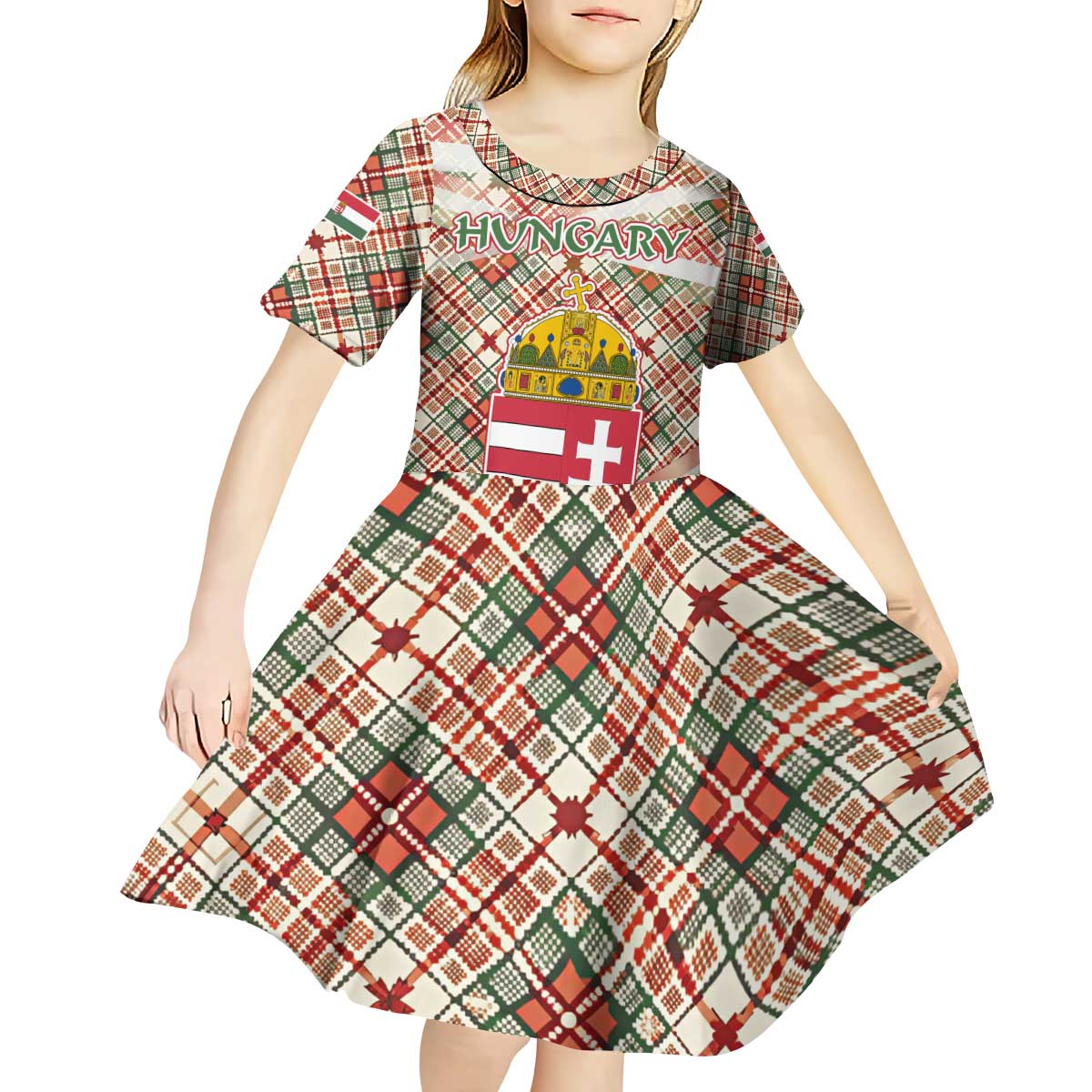 Hungary Christmas Kid Short Sleeve Dress with Red Green Plaid Pattern Crown and Double Cross Motif - Wonder Print Shop