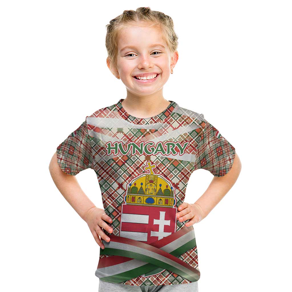 Hungary Christmas Kid T Shirt with Red Green Plaid Pattern Crown and Double Cross Motif - Wonder Print Shop