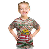 Hungary Christmas Kid T Shirt with Red Green Plaid Pattern Crown and Double Cross Motif - Wonder Print Shop