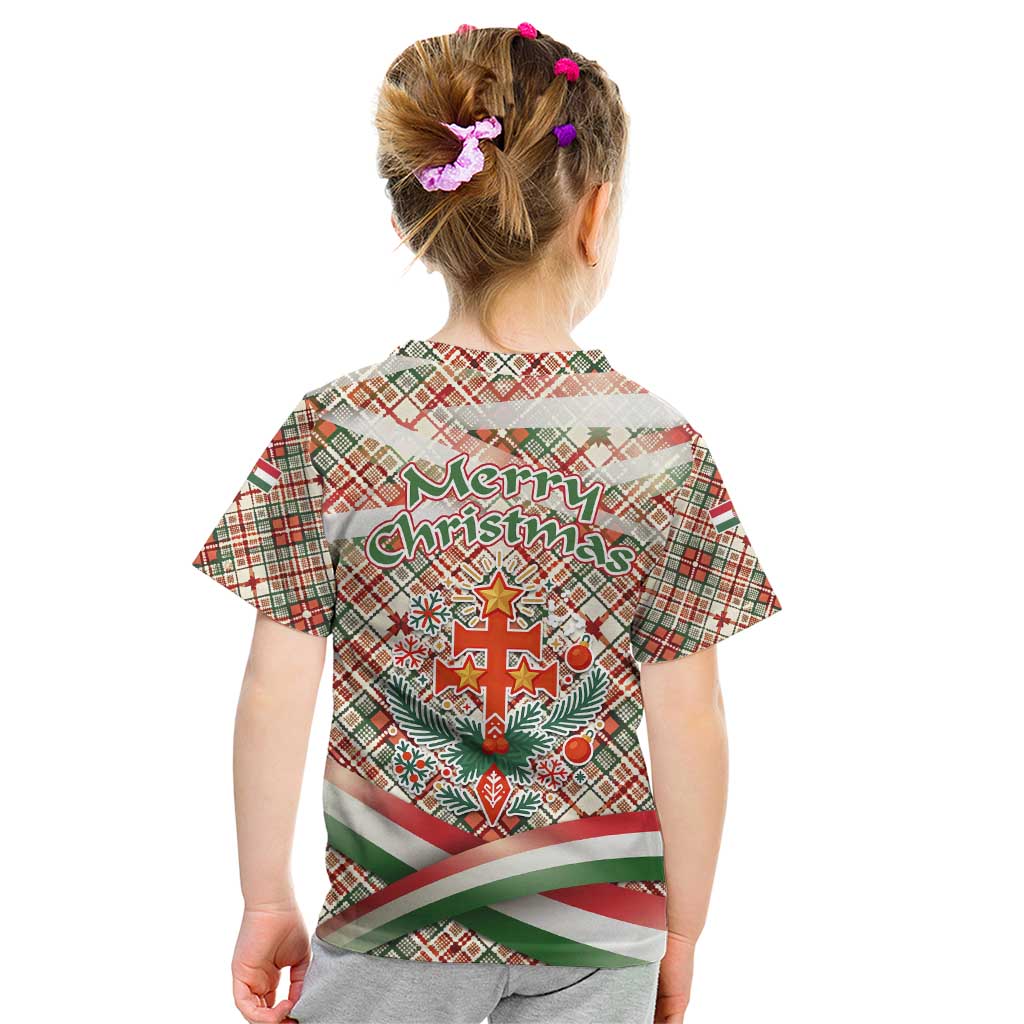 Hungary Christmas Kid T Shirt with Red Green Plaid Pattern Crown and Double Cross Motif - Wonder Print Shop
