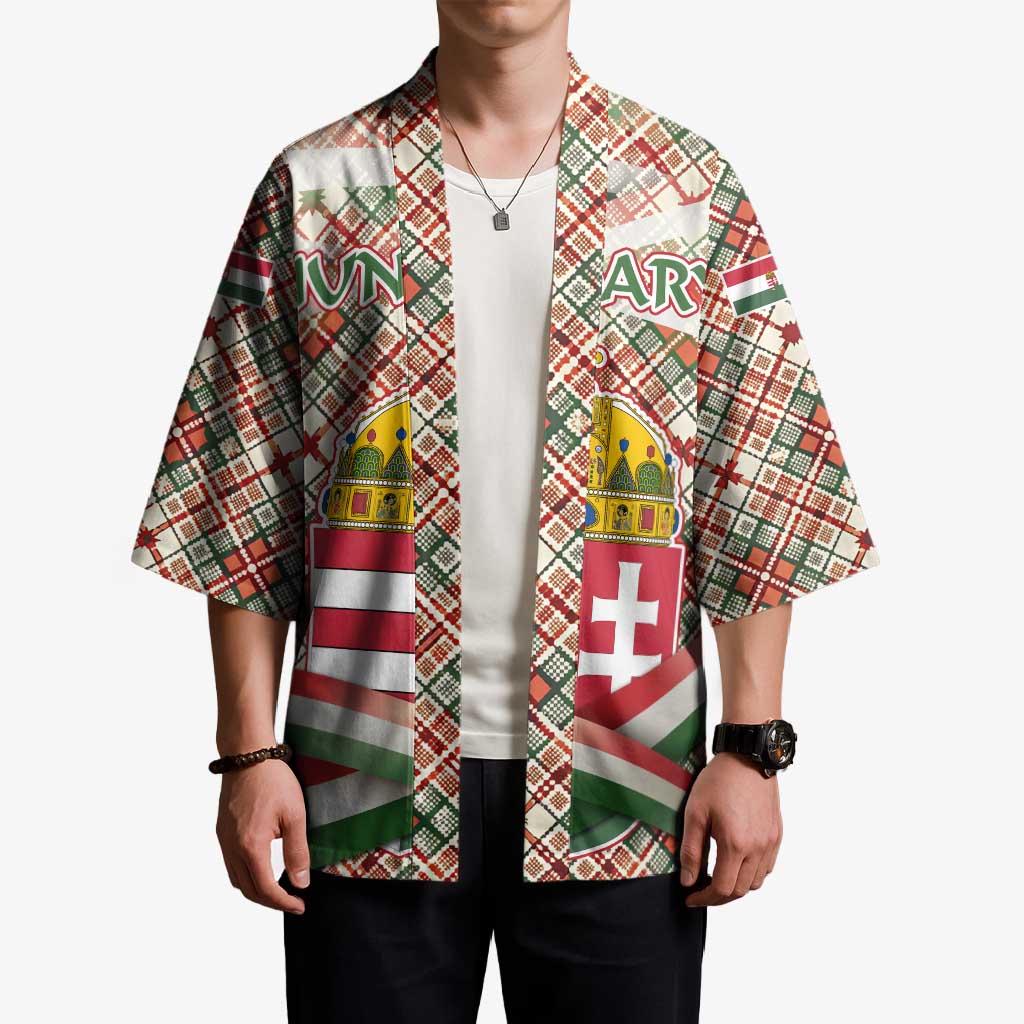 Hungary Christmas Kimono with Red Green Plaid Pattern Crown and Double Cross Motif - Wonder Print Shop