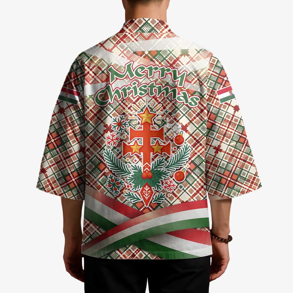 Hungary Christmas Kimono with Red Green Plaid Pattern Crown and Double Cross Motif - Wonder Print Shop