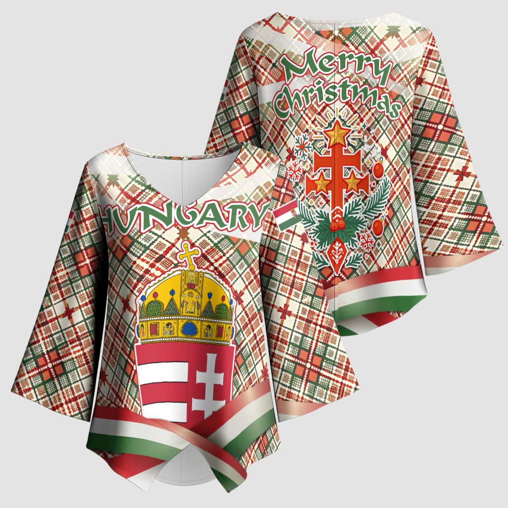 Hungary Christmas Kimono Sleeve Blouse with Red Green Plaid Pattern Crown and Double Cross Motif - Wonder Print Shop