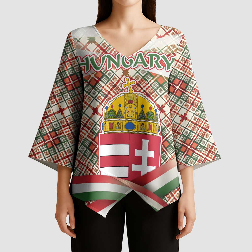 Hungary Christmas Kimono Sleeve Blouse with Red Green Plaid Pattern Crown and Double Cross Motif - Wonder Print Shop