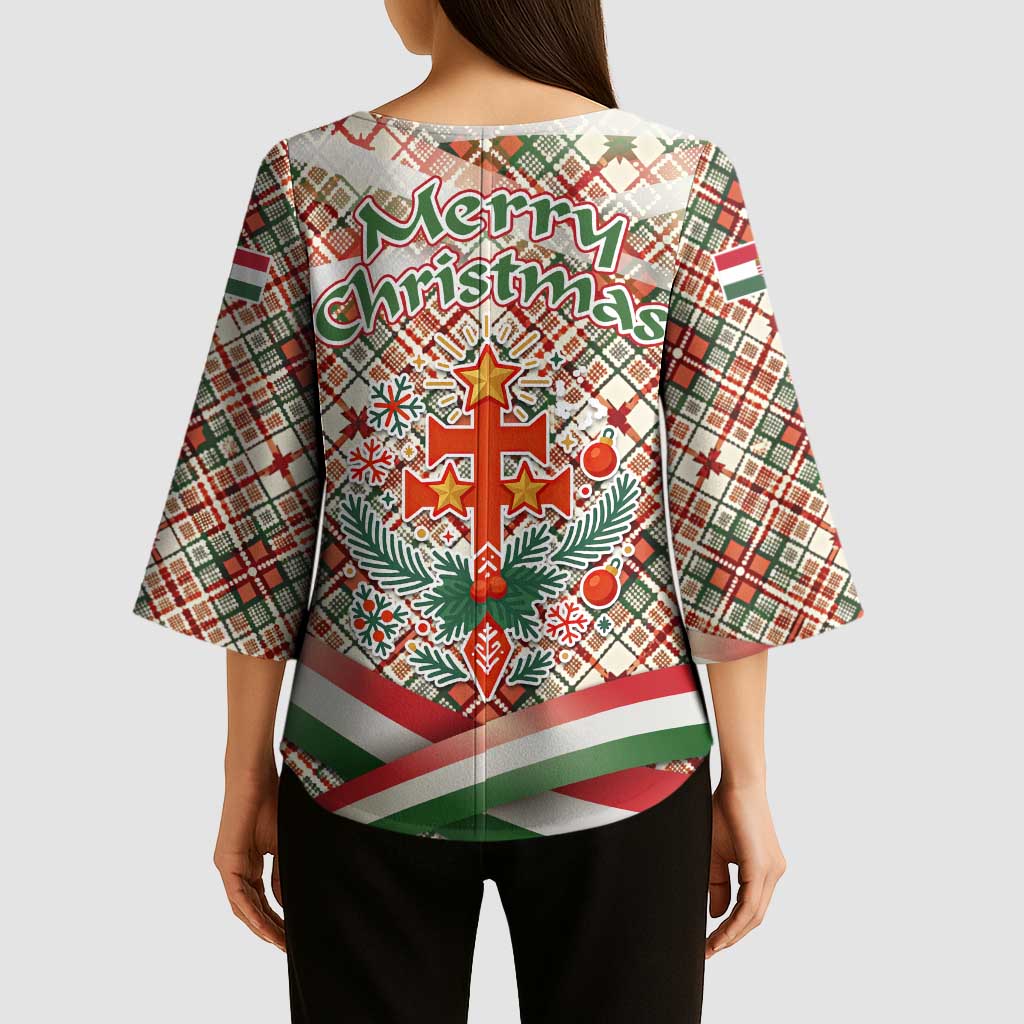 Hungary Christmas Kimono Sleeve Blouse with Red Green Plaid Pattern Crown and Double Cross Motif - Wonder Print Shop