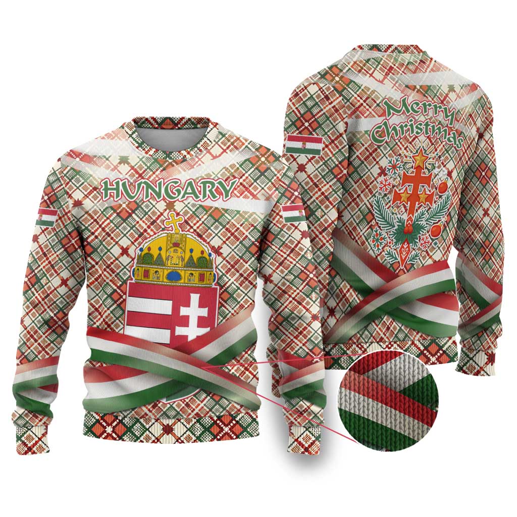 Hungary Christmas Ugly Christmas Sweater with Red Green Plaid Pattern Crown and Double Cross Motif - Wonder Print Shop
