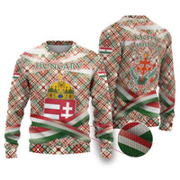 Hungary Christmas Ugly Christmas Sweater with Red Green Plaid Pattern Crown and Double Cross Motif - Wonder Print Shop
